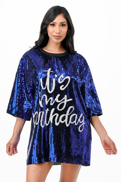 2Chique Boutique Women's Blue It's My Birthday Sequin T Shirt Dress One Size Regular