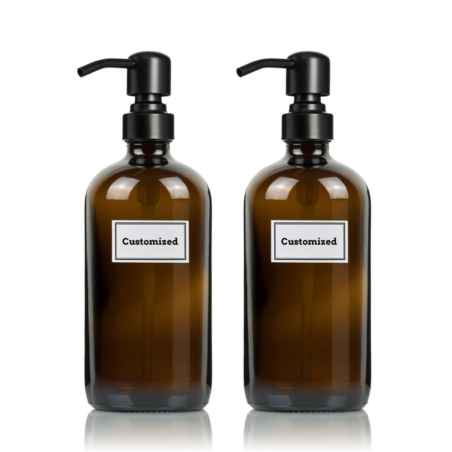 Artanis Home Glass Bottles With Black Satin Stainless Steel Pumps and Customized Waterproof Labels, 16 oz Boston Round, Amber