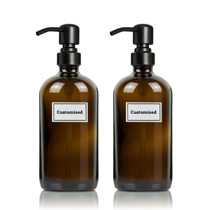 Artanis Home Glass Bottles With Black Satin Stainless Steel Pumps and Customized Waterproof Labels, 16 oz Boston Round, Amber