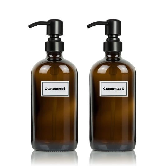 Artanis Home Glass Bottles With Black Satin Stainless Steel Pumps and Customized Waterproof Labels, 16 oz Boston Round, Amber