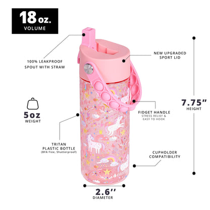 Elemental Leak Proof Water Bottles for Kids - Splash Kids Water Bottle for School with Pop-it Handle - BPA Free Tritan Plastic Reusable Water Bottle with Straw - Pink Unicorn - 18oz