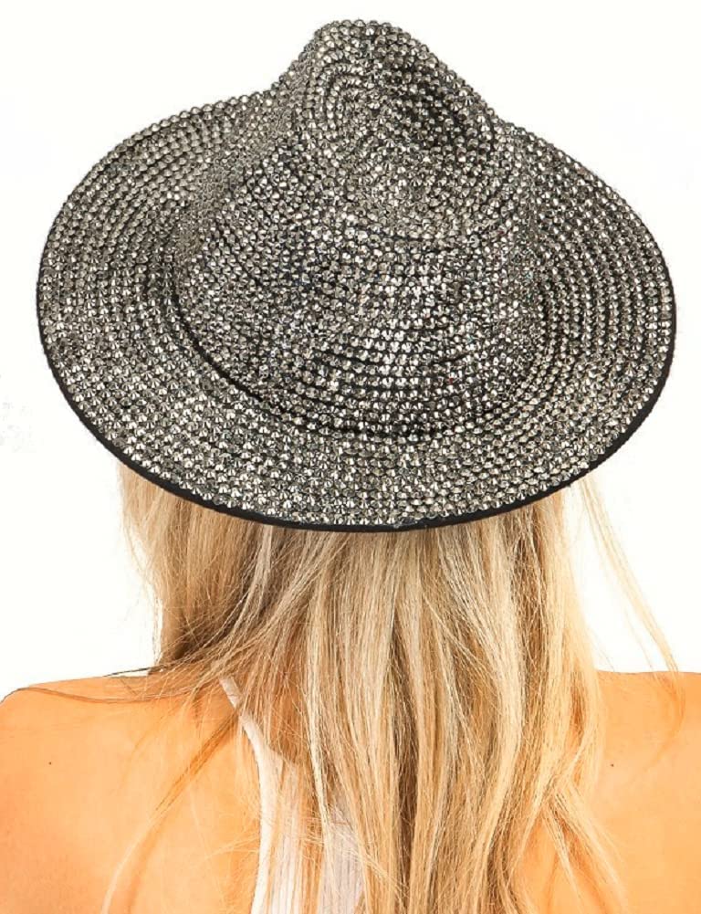 2Chique Boutique Women's Extra Bling Rhinestone Embellished Wide Brim Fedora Hat, Gunmetal