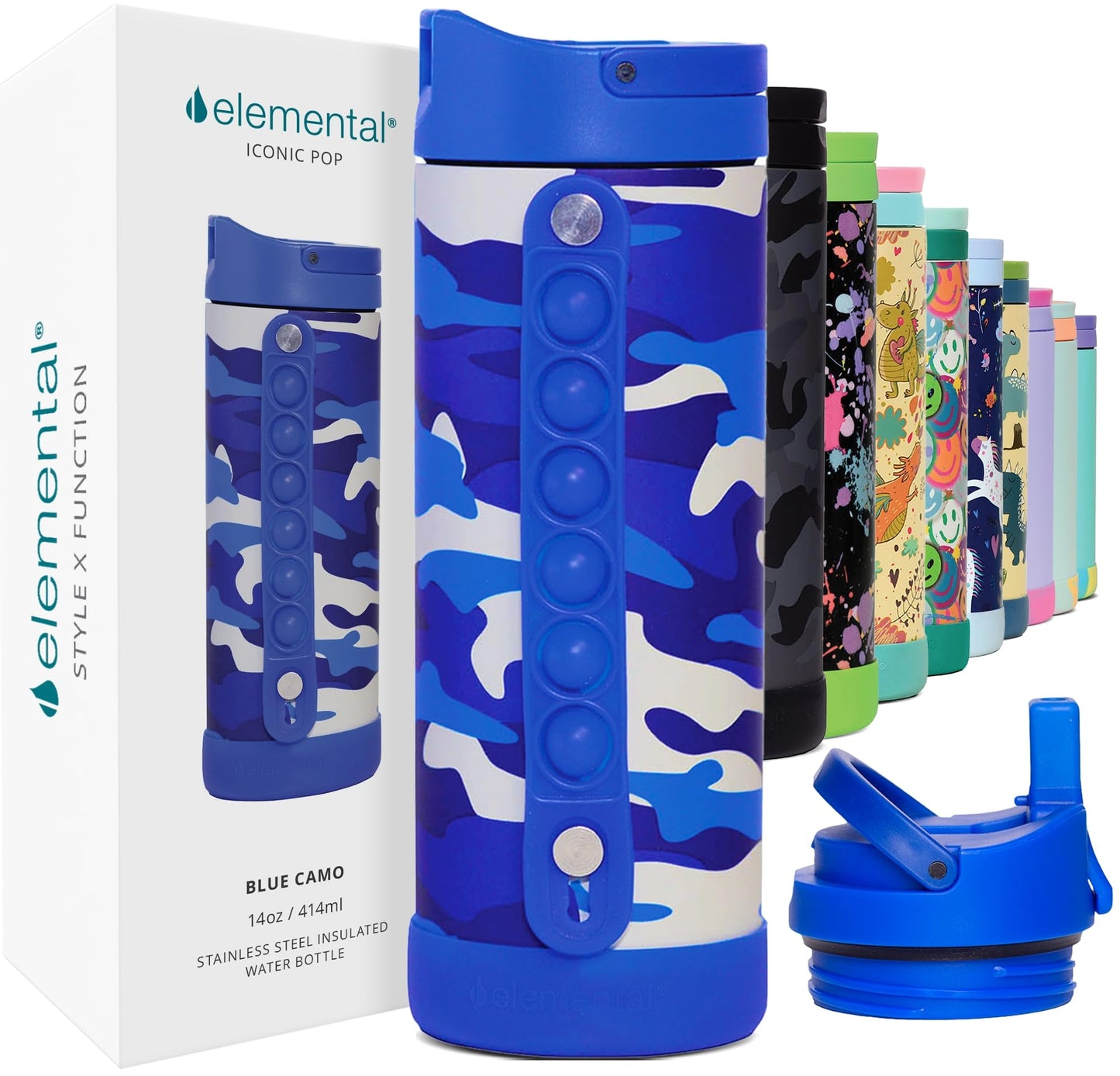 Elemental Iconic Kids Insulated Water Bottle with Straw Lid & Stress Reliever Pop-It Handle, Leak-Proof When Closed Water Bottle Kids - Stainless Steel Water Bottle For Kids, 14oz - Blue Camo