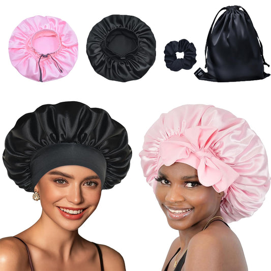 BONNET QUEEN Silk Bonnet for Sleeping Women Satin Bonnet Hair Bonnet Adjustable Hair Bonnet Night Sleep Cap Black+Pink Black+Pink
