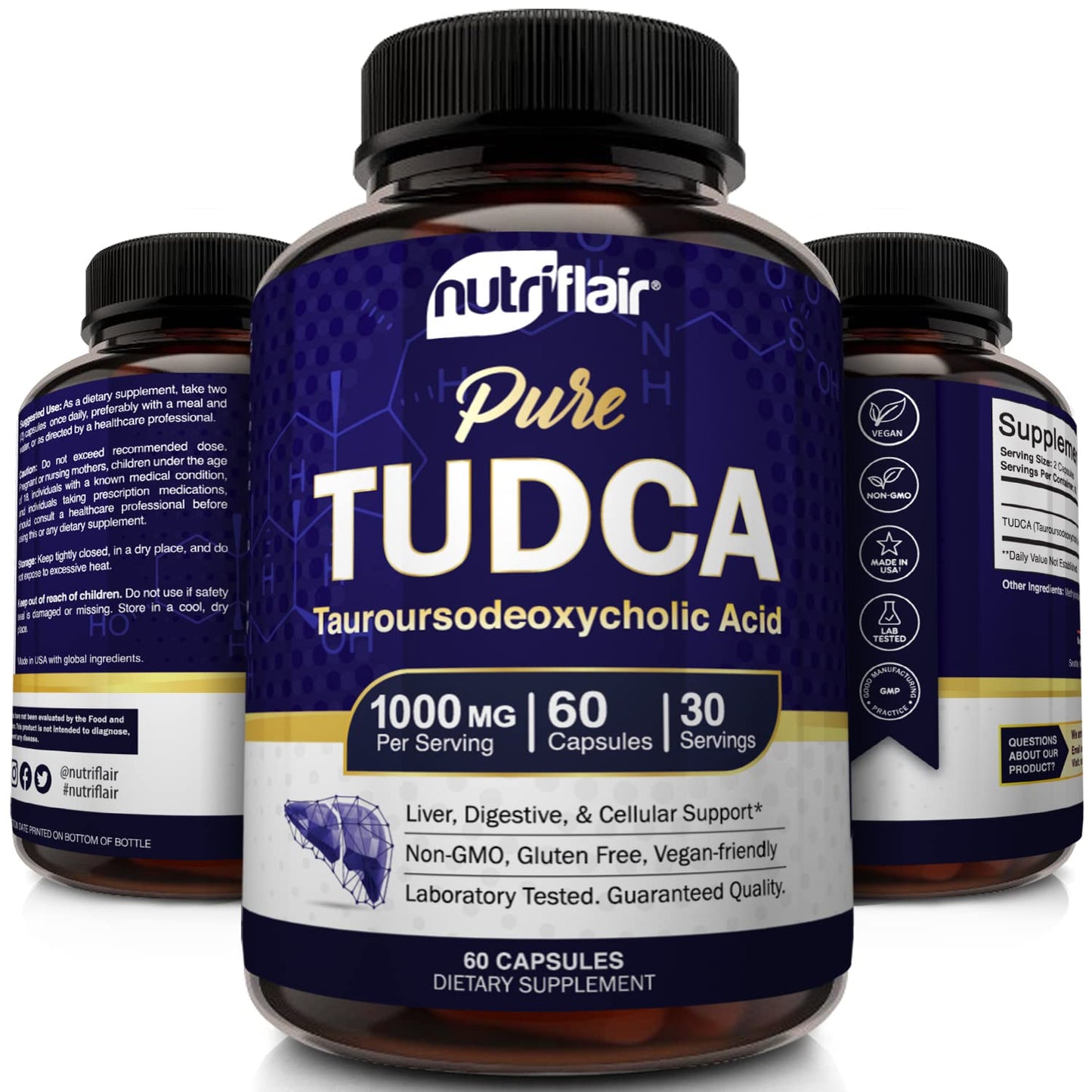 NutriFlair Pure TUDCA 1000mg - Premium Tauroursodeoxycholic Acid Bile Salts, Detox & Cleanse, Non-GMO, Gluten-Free. Liver, Kidney & Gallbladder Support- Made in USA, 60 Capsules