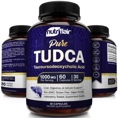 NutriFlair Pure TUDCA 1000mg - Premium Tauroursodeoxycholic Acid Bile Salts, Detox & Cleanse, Non-GMO, Gluten-Free. Liver, Kidney & Gallbladder Support- Made in USA, 60 Capsules