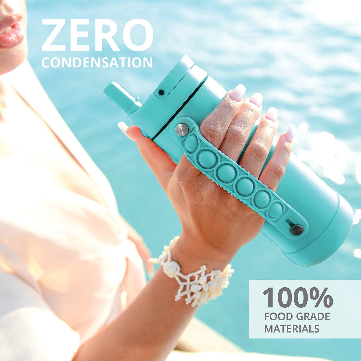 Elemental Iconic Kids Water Bottle with Straw Lid & Stress Relief Pop It Handle, Leak-Proof When Closed, Triple Insulated Kids Stainless Steel Water Bottle For Girls and Boys, 14oz - Robin’s Egg