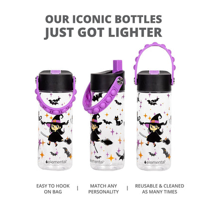 Elemental Leak Proof Water Bottles for Kids - Splash Kids Water Bottle for School with Pop-it Handle - BPA Free Tritan Plastic Reusable Water Bottle with Straw - Little Witch - 18oz
