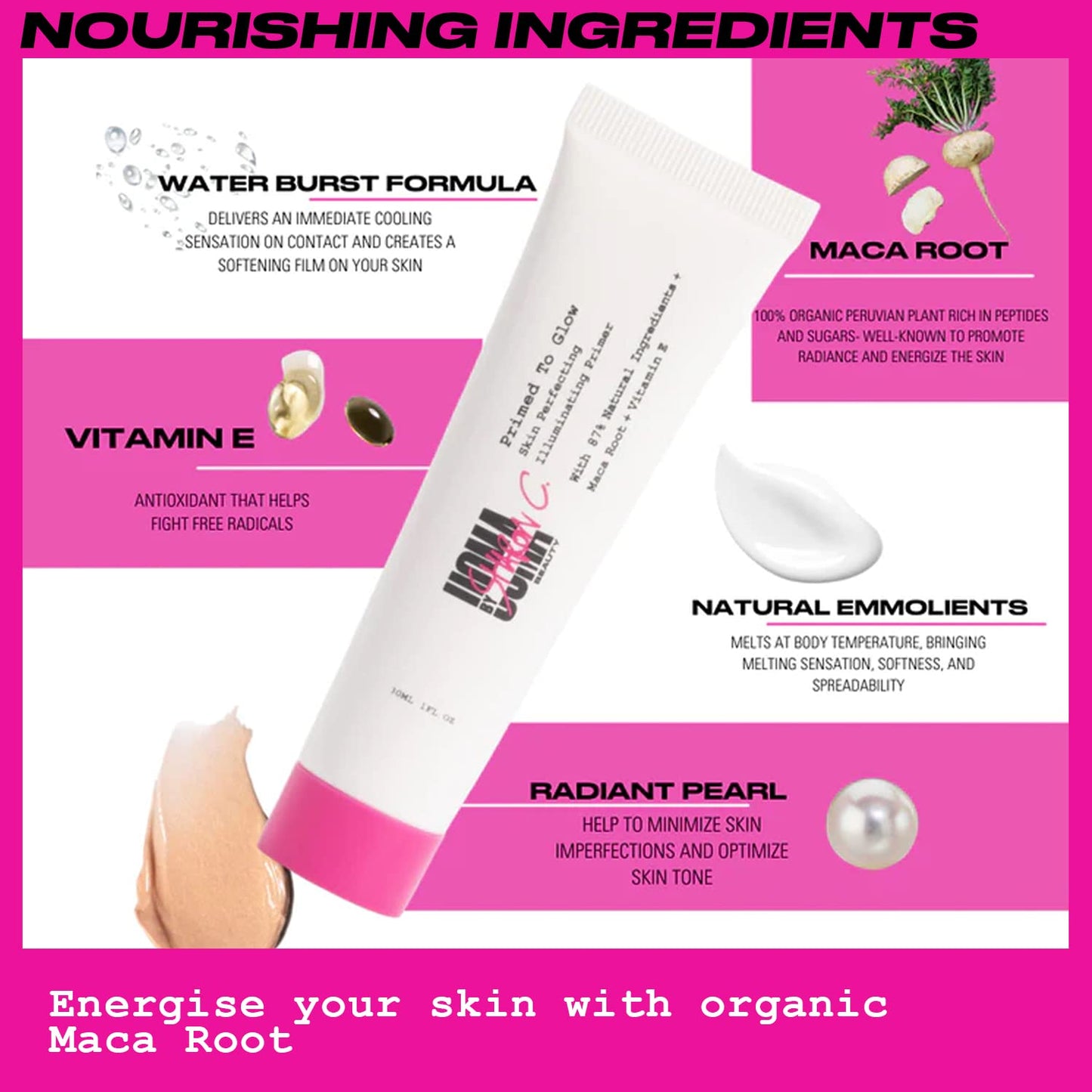 UOMA Primer Face Makeup by Sharon C - Primed To Glow Illuminating Makeup Primer. Energizing Maca Root Skincare with Vitamin E, Highlighter Makeup Primer for Face with Dewy Finish 30ml