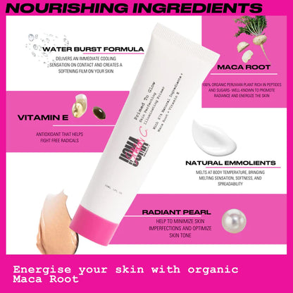 UOMA Primer Face Makeup by Sharon C - Primed To Glow Illuminating Makeup Primer. Energizing Maca Root Skincare with Vitamin E, Highlighter Makeup Primer for Face with Dewy Finish 30ml