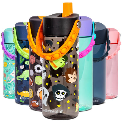 Elemental Leak Proof Water Bottles for Kids - Splash Kids Water Bottle for School with Pop-it Handle - BPA Free Tritan Plastic Reusable Water Bottle with Straw - Monster Party - 18oz