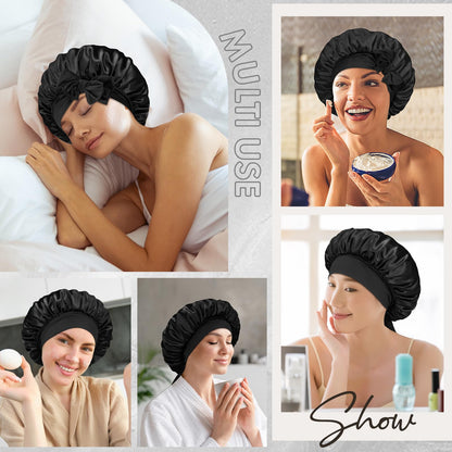 BONNET QUEEN Small Satin Bonnet Silk Bonnet for Sleeping Women Double Layer Reversible Hair Bonnet Adjustable Satin Lined Sleep Cap Wrap with Tie Band, Black