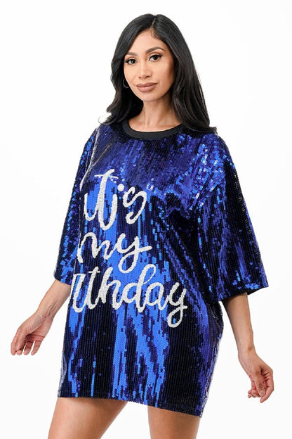 2Chique Boutique Women's Blue It's My Birthday Sequin T Shirt Dress One Size Regular