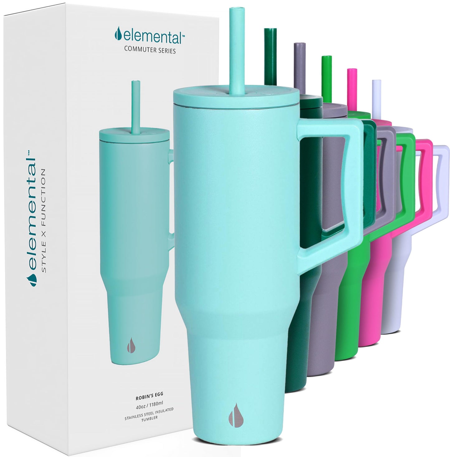 Elemental 40oz Tumbler with Handle and Straw - Spill Proof Insulated Stainless Steel Commuter for Hot & Cold Beverages - Travel Coffee Mug with 2 Straws & Spill Proof Lid - 40 oz - Robin's Egg