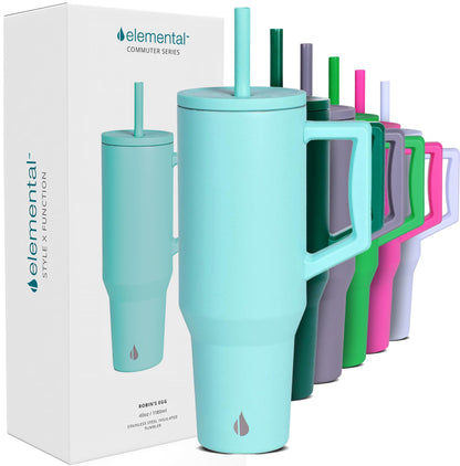 Elemental 40oz Tumbler with Handle and Straw - Spill Proof Insulated Stainless Steel Commuter for Hot & Cold Beverages - Travel Coffee Mug with 2 Straws & Spill Proof Lid - 40 oz - Robin's Egg