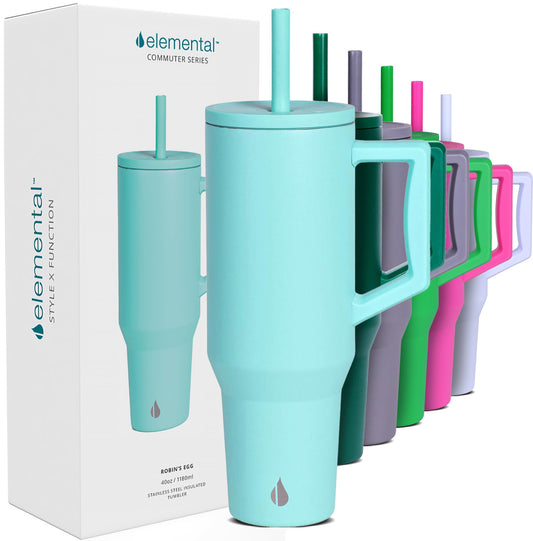 Elemental 40oz Tumbler with Handle and Straw - Spill Proof Insulated Stainless Steel Commuter for Hot & Cold Beverages - Travel Coffee Mug with 2 Straws & Spill Proof Lid - 40 oz - Robin's Egg