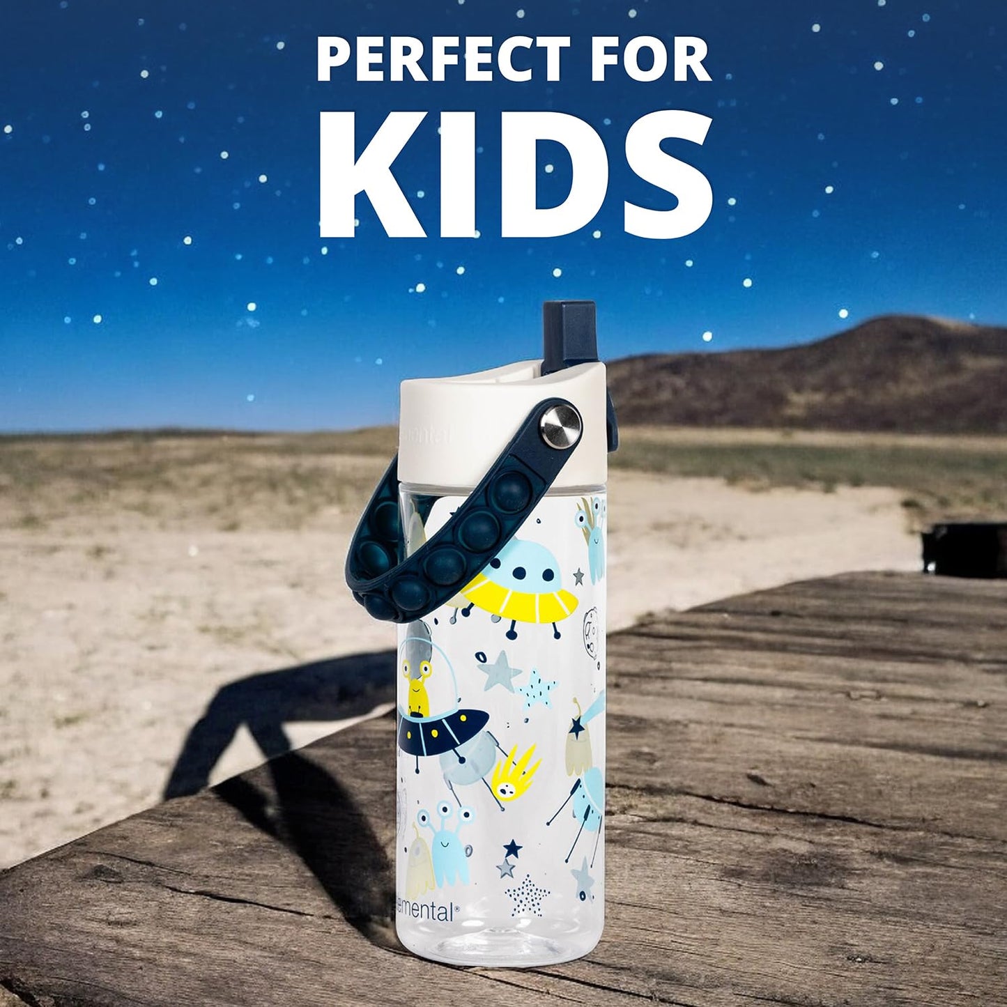 Elemental Leak Proof Water Bottles for Kids - Splash Kids Water Bottle for School with Pop-it Handle - BPA Free Tritan Plastic Reusable Water Bottle with Straw - Alien Invasion - 18oz