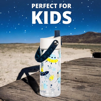 Elemental Leak Proof Water Bottles for Kids - Splash Kids Water Bottle for School with Pop-it Handle - BPA Free Tritan Plastic Reusable Water Bottle with Straw - Alien Invasion - 18oz