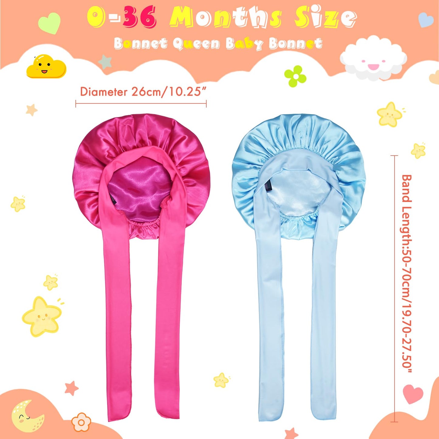 BONNET QUEEN Baby Bonnet Kids Bonnet Double Layer Silk Bonnet for Sleeping Satin Bonnet Adjustable Silk Hair Wrap with Tie Band 2Pcs 6-12 Months Hot Pink+Light Blue