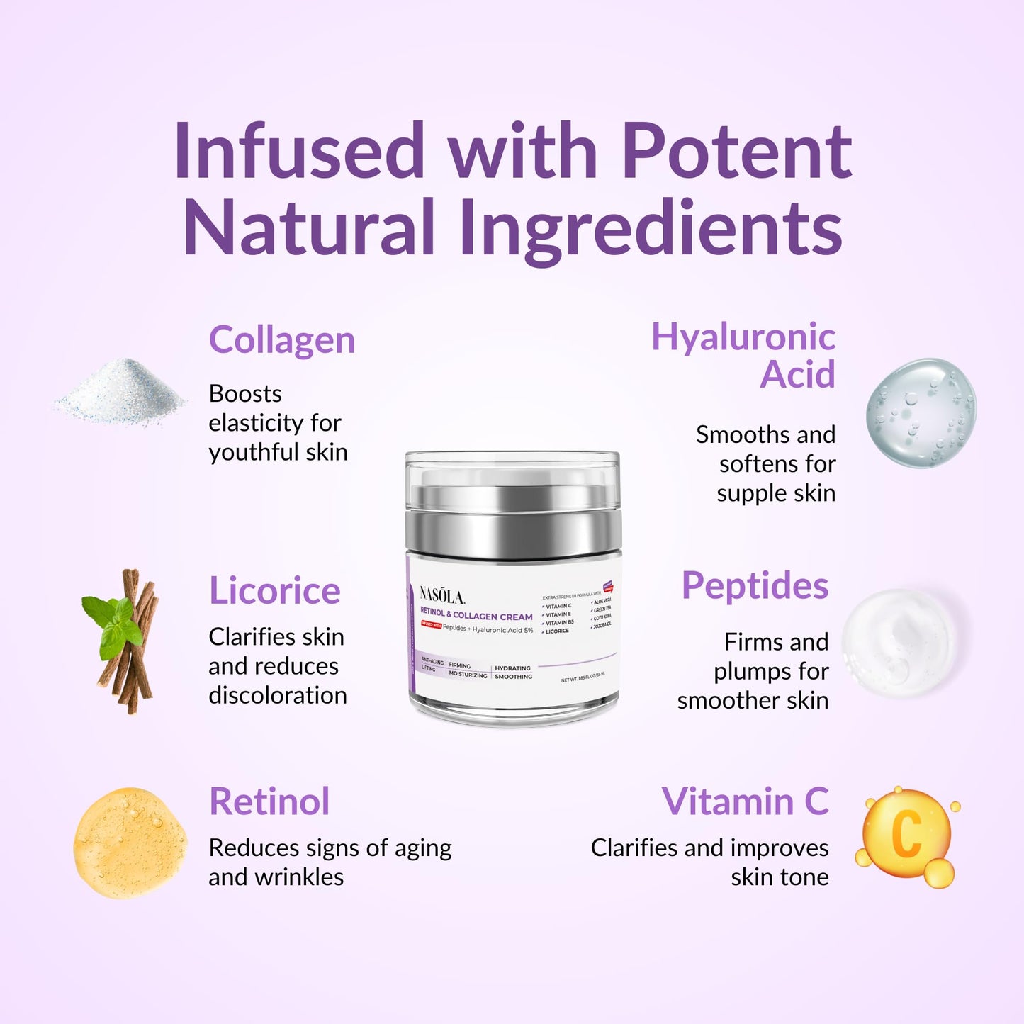 Nasola Retinol and Collagen Face Cream, Anti Aging Retinol Cream for Face Moisturizer with Hyaluronic Acid, Day & Night Collagen Cream Wrinkle Remover for Face, Contains Vitamin B5+E+C, 1.85 Fl Oz