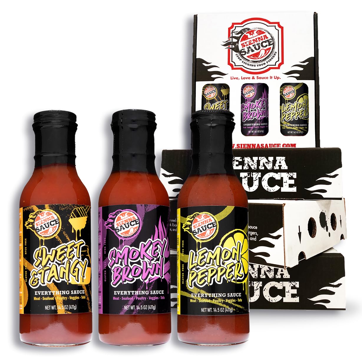 Sienna Sauce - Smokey Brown, Sweet & Tangy & Lemon Pepper Variety Pack, Clean Ingredients, Gluten Free, No HFCS and Healthy, Everything Sauce - As Seen On Shark Tank