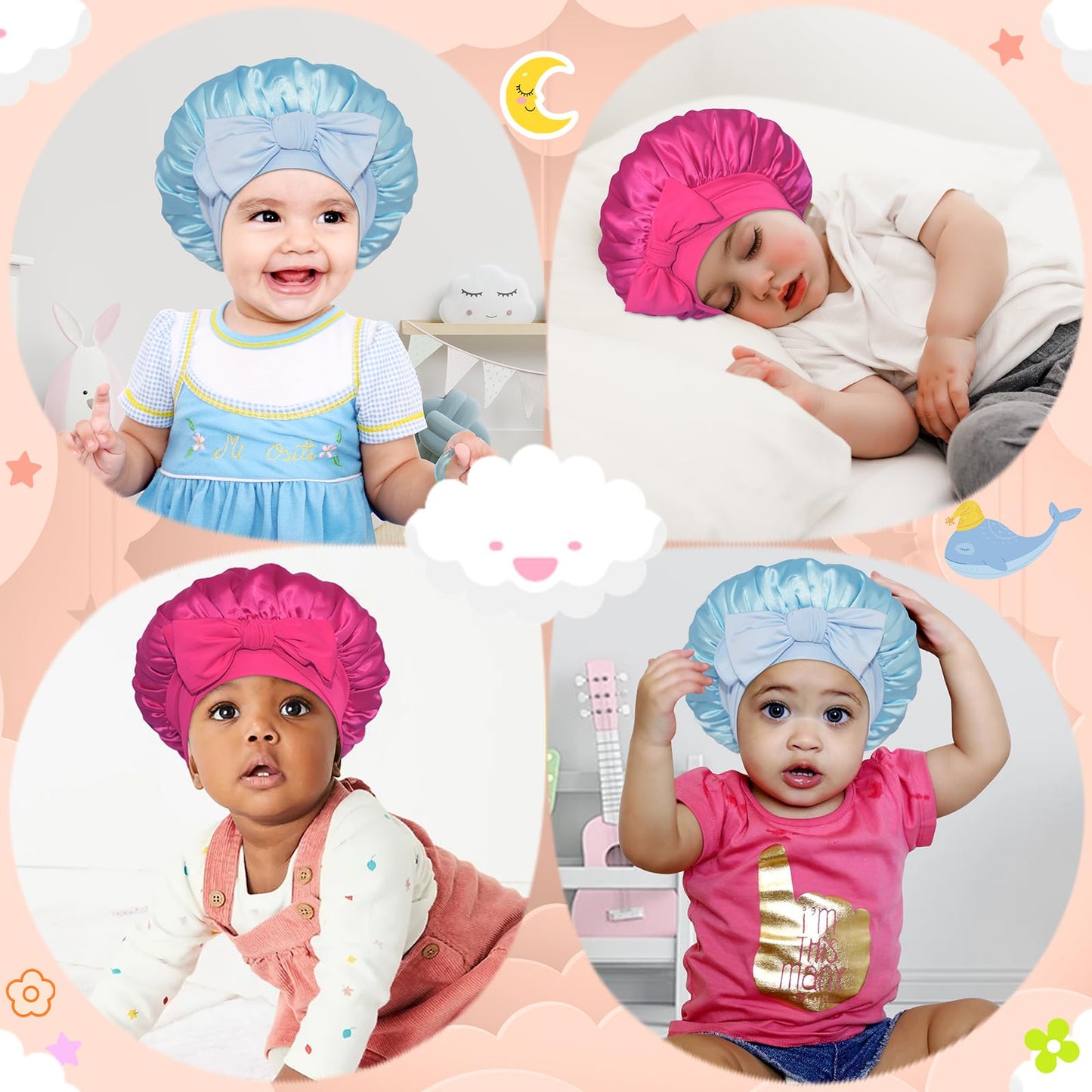 BONNET QUEEN Baby Bonnet Kids Bonnet Double Layer Silk Bonnet for Sleeping Satin Bonnet Adjustable Silk Hair Wrap with Tie Band 2Pcs 6-12 Months Hot Pink+Light Blue