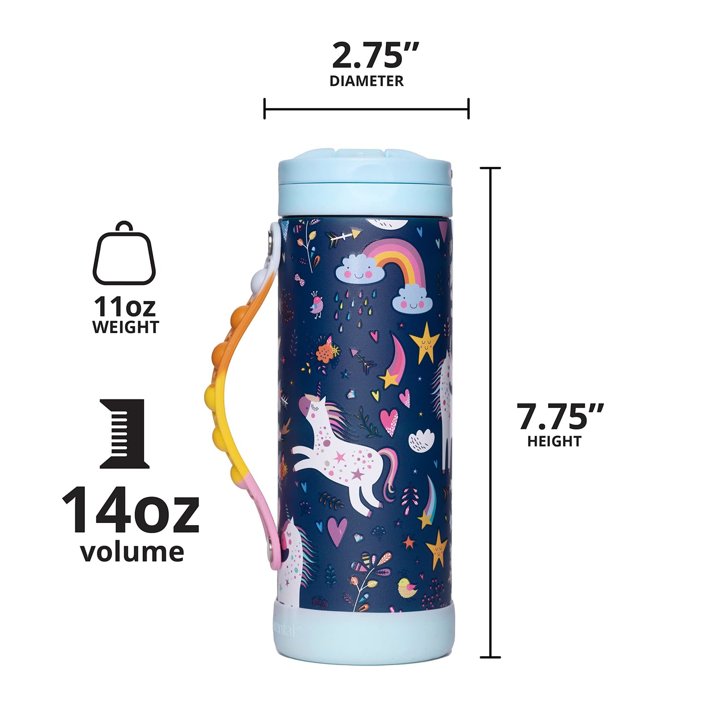 Elemental Iconic Kids Insulated Water Bottle with Straw Lid & Stress Reliever Pop-It Handle, Leak-Proof When Closed Water Bottle Kids - Stainless Steel Water Bottle For Kids, 14oz - Unicorn