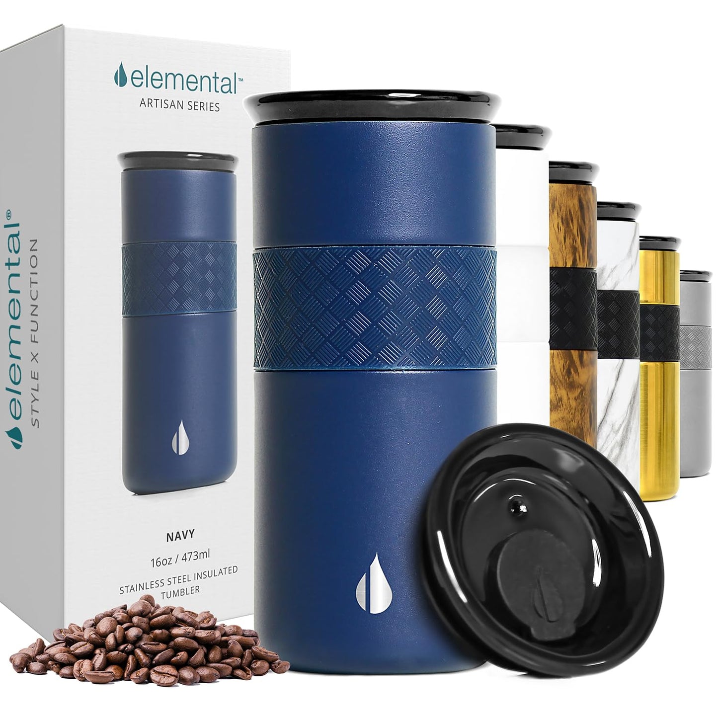 Elemental Artisan Insulated Tumbler, Triple Wall Coffee Travel Mug, Reusable Stainless Steel Coffee Tumbler with Ceramic Lid, Thermal Coffee Cups for Hot (6 Hrs) & Cold (18 Hrs), 16oz - Navy Blue