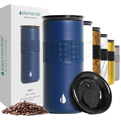 Elemental Artisan Insulated Tumbler, Triple Wall Coffee Travel Mug, Reusable Stainless Steel Coffee Tumbler with Ceramic Lid, Thermal Coffee Cups for Hot (6 Hrs) & Cold (18 Hrs), 16oz - Navy Blue