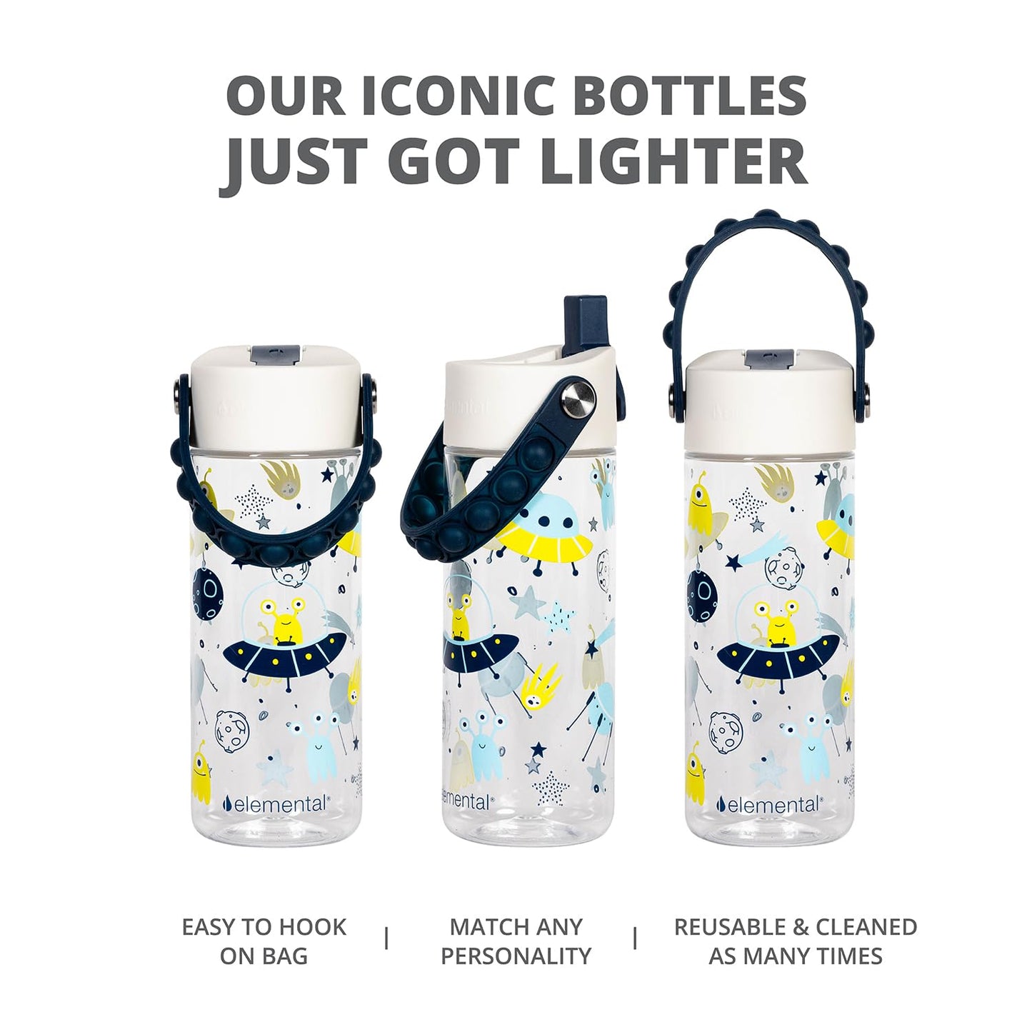 Elemental Leak Proof Water Bottles for Kids - Splash Kids Water Bottle for School with Pop-it Handle - BPA Free Tritan Plastic Reusable Water Bottle with Straw - Alien Invasion - 18oz