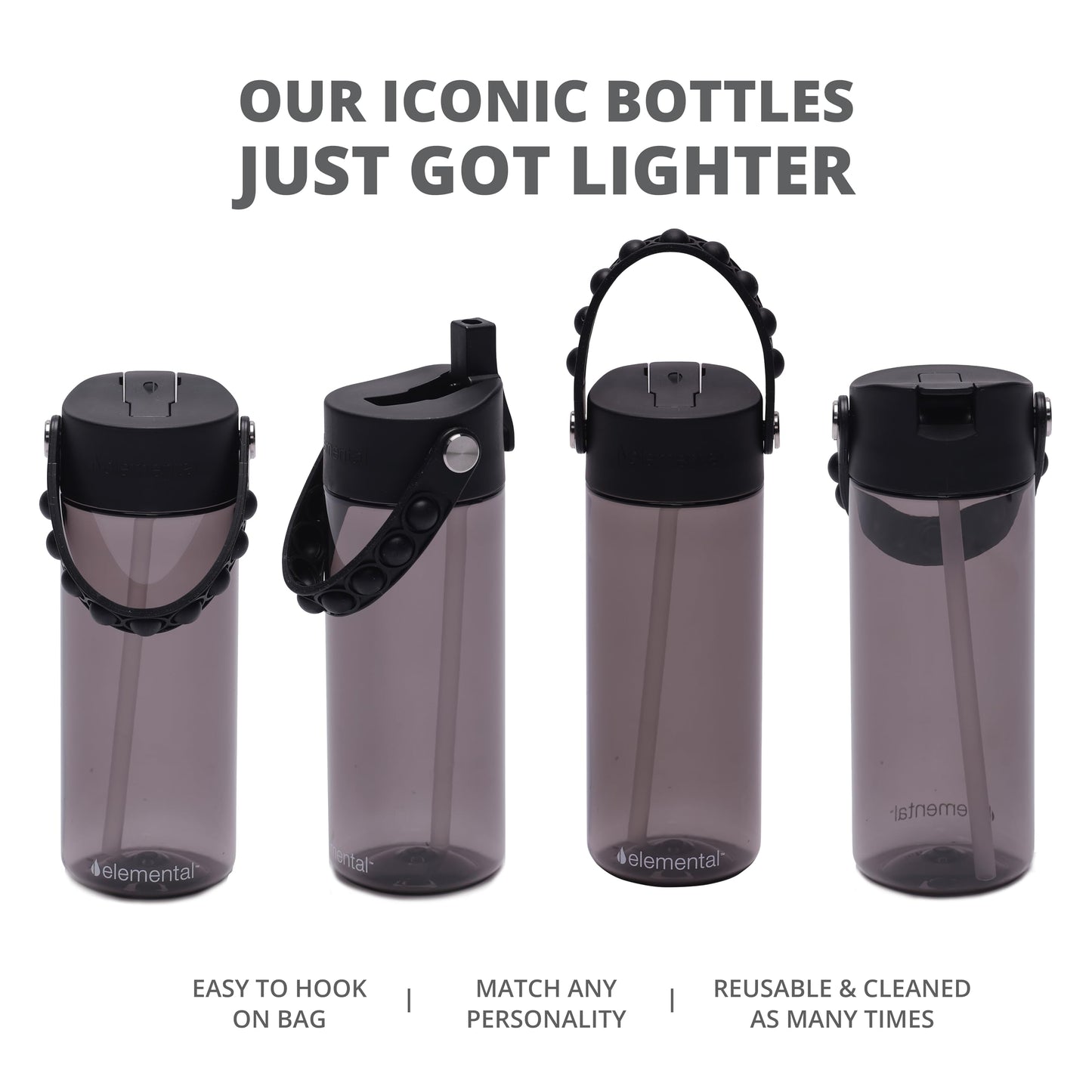 Elemental Leak Proof Water Bottles for Kids - Splash Kids Water Bottle for School with Pop-it Handle - BPA Free Tritan Plastic Reusable Water Bottle with Straw - Black - 18oz