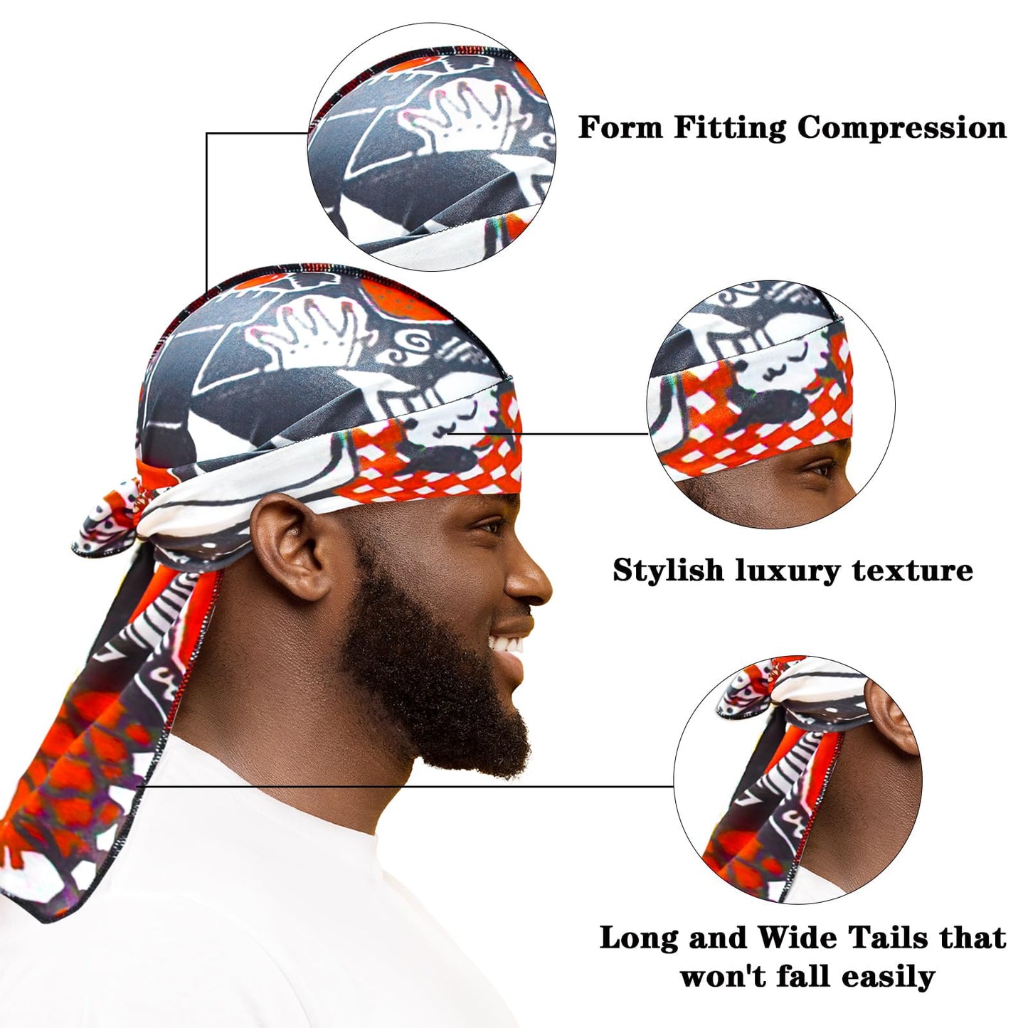 Silk Durag for Men Women, Printed Do Rag with Long Tail Durag Hip Hop Satin Durag Bandana Hat Satin 360 Waves Durag Headwrap