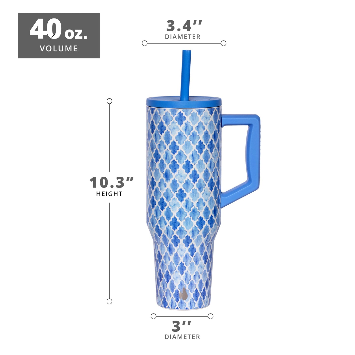 Elemental 40 oz Tumbler with Handle and Straw - Spill Proof Insulated Stainless Steel Commuter for Hot and Cold Beverages - Travel Coffee Mug with 2 Straws & Spill Proof Lid - 40oz - Blue Tile