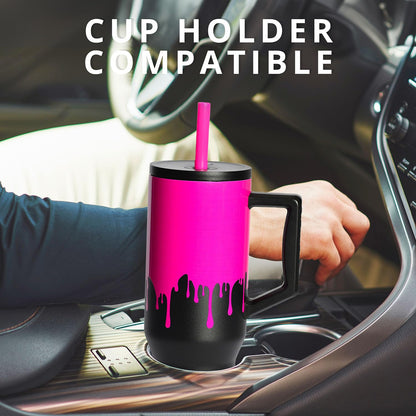Elemental 40 oz Tumbler with Handle and Straw - Spill Proof Insulated Stainless Steel Commuter for Hot and Cold Beverages - Travel Coffee Mug with 2 Straws & Spill Proof Lid - 40oz - Hot Pink Drip
