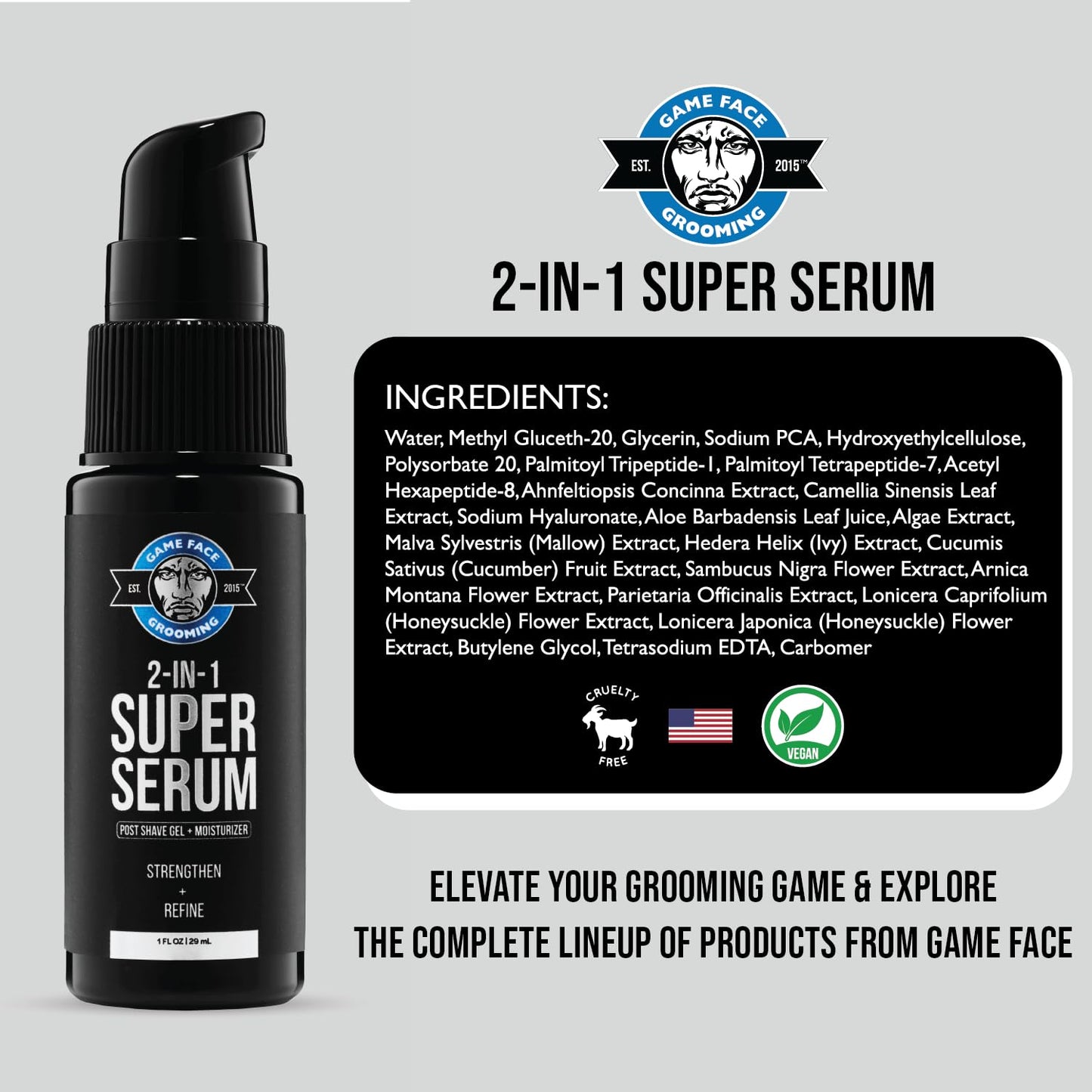 Game Face Grooming 2-in-1 Super Serum - After Shave Gel & Daily Moisturizer Skin Care For Men | Reduce Redness, Razor Burn, & Irritation | Hydrate Skin, Prevent Wrinkles