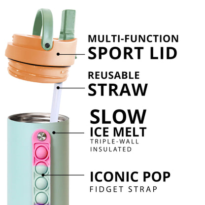 Elemental Iconic Kids Water Bottle with Straw Lid & Stress Reliever Pop It Handle, Leak-Proof When Closed, Triple Insulated Stainless Steel Reusable Thermos Water Bottle, 20oz - Mint Sorbet
