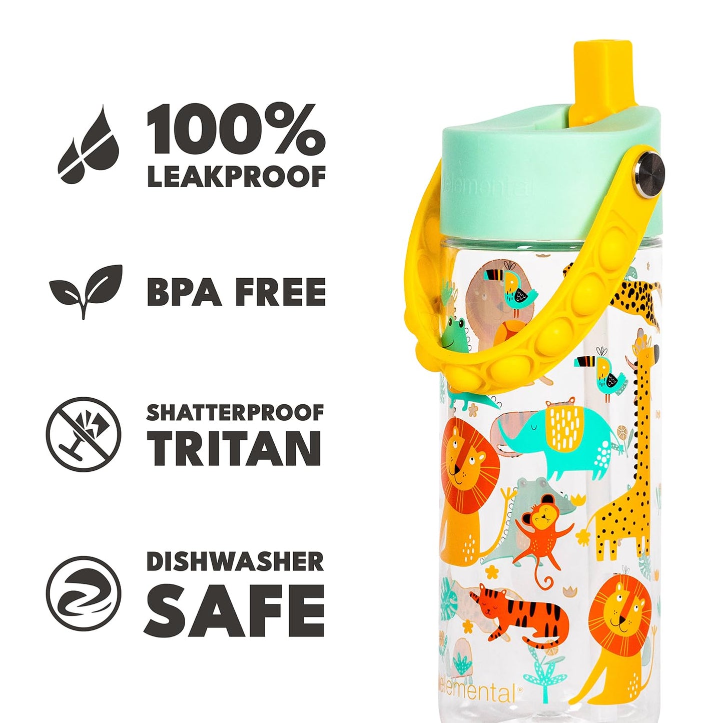 Elemental Leak Proof Water Bottles for Kids - Splash Kids Water Bottle for School with Pop-it Handle - BPA Free Tritan Plastic Reusable Water Bottle with Straw - Clear Jungle - 18oz