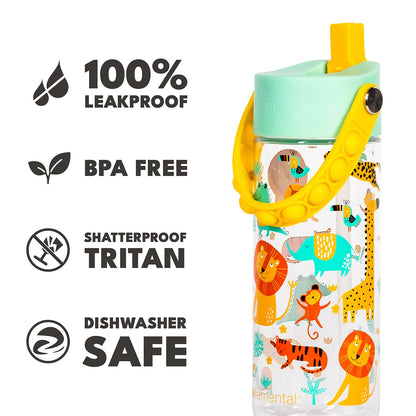 Elemental Leak Proof Water Bottles for Kids - Splash Kids Water Bottle for School with Pop-it Handle - BPA Free Tritan Plastic Reusable Water Bottle with Straw - Clear Jungle - 18oz