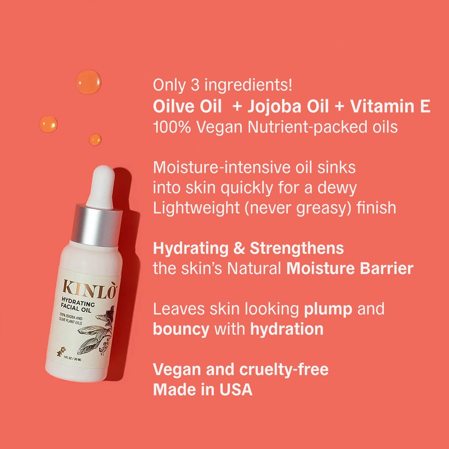 Kinlo Hydrating Face Oil | Jojoba & Olive Oil with Vitamin E | Deep Hydration & Nourishing Facial Moisturizer | 1 fl oz | Gua Sha Facial Massage Oil