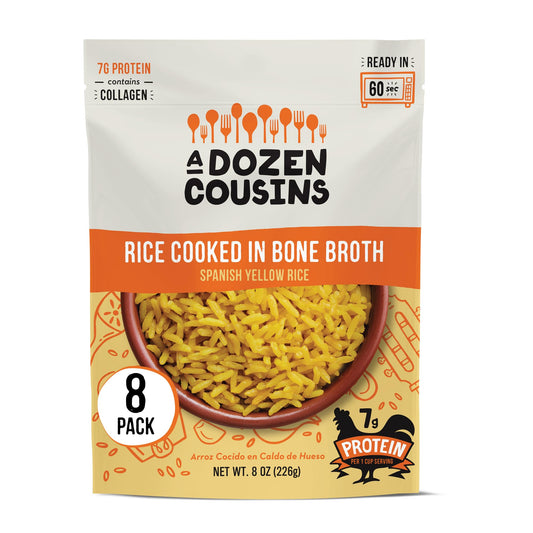 A Dozen Cousins Rice Cooked in Bone Broth Microwaveable Rice Packets | 7g Protein | Contains Collagen (Spanish Yellow Rice, 8 Pack)