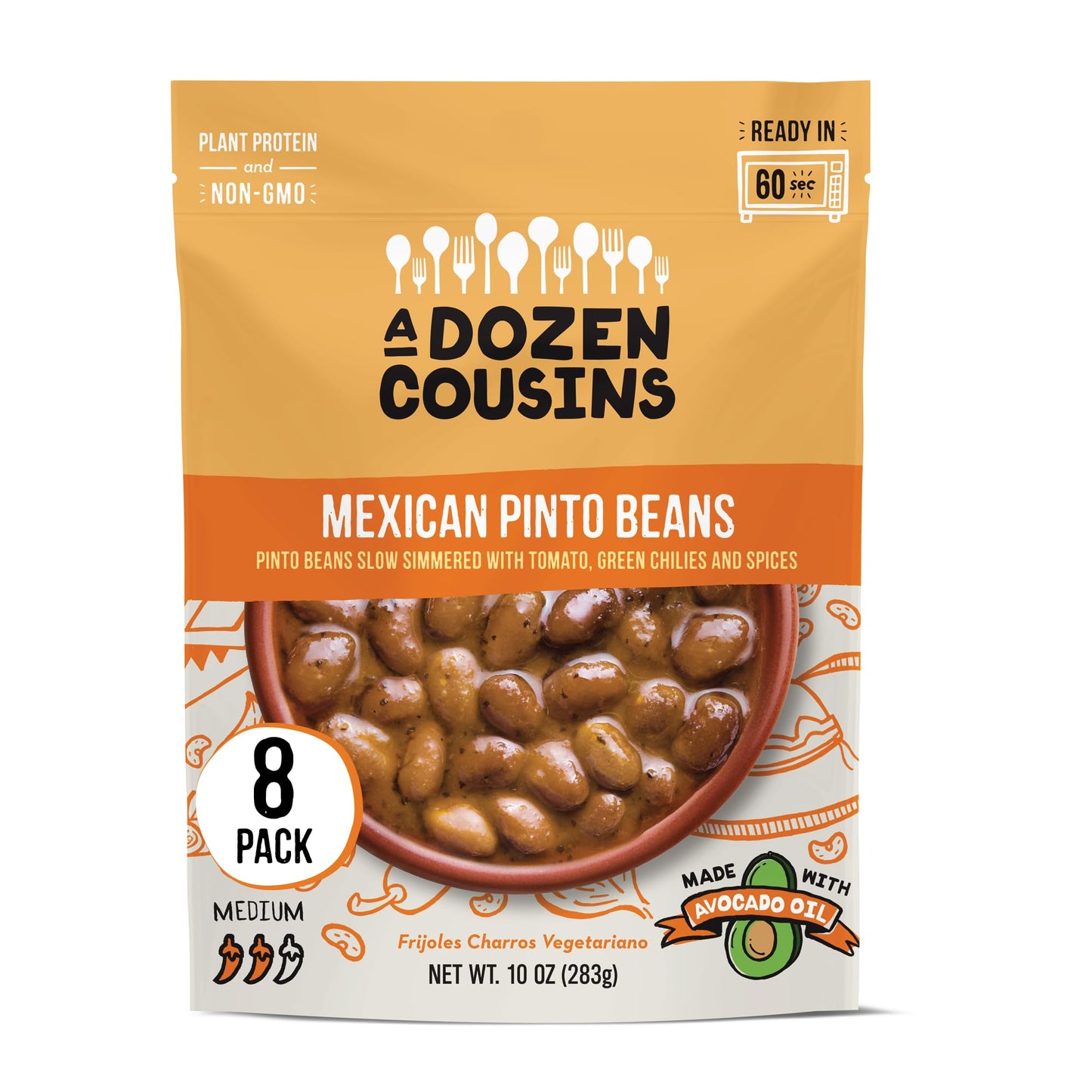 A Dozen Cousins Seasoned Pinto Beans, Vegan and Non-GMO Meals Ready to Eat Made with Avocado Oil (Mexican Pinto Beans, 8-Pack)