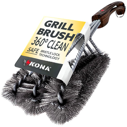 Kona 360 Clean Grill Brush - 18 inch Best BBQ Grill Brush - Wood Grain Designer Handle - Stainless Steel 3-in-1 Grill Cleaner Provides Effortless Cleaning