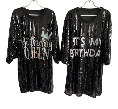 2Chique Boutique Women’s Sequin T Shirt Dress Birthday Queen One Size Mini Dress Black/AB