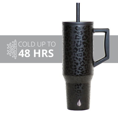 Elemental 40 oz Tumbler with Handle and Straw - Spill Proof Insulated Stainless Steel Commuter for Hot and Cold Beverages - Travel Coffee Mug with 2 Straws & Spill Proof Lid - 40oz - Black Leopard