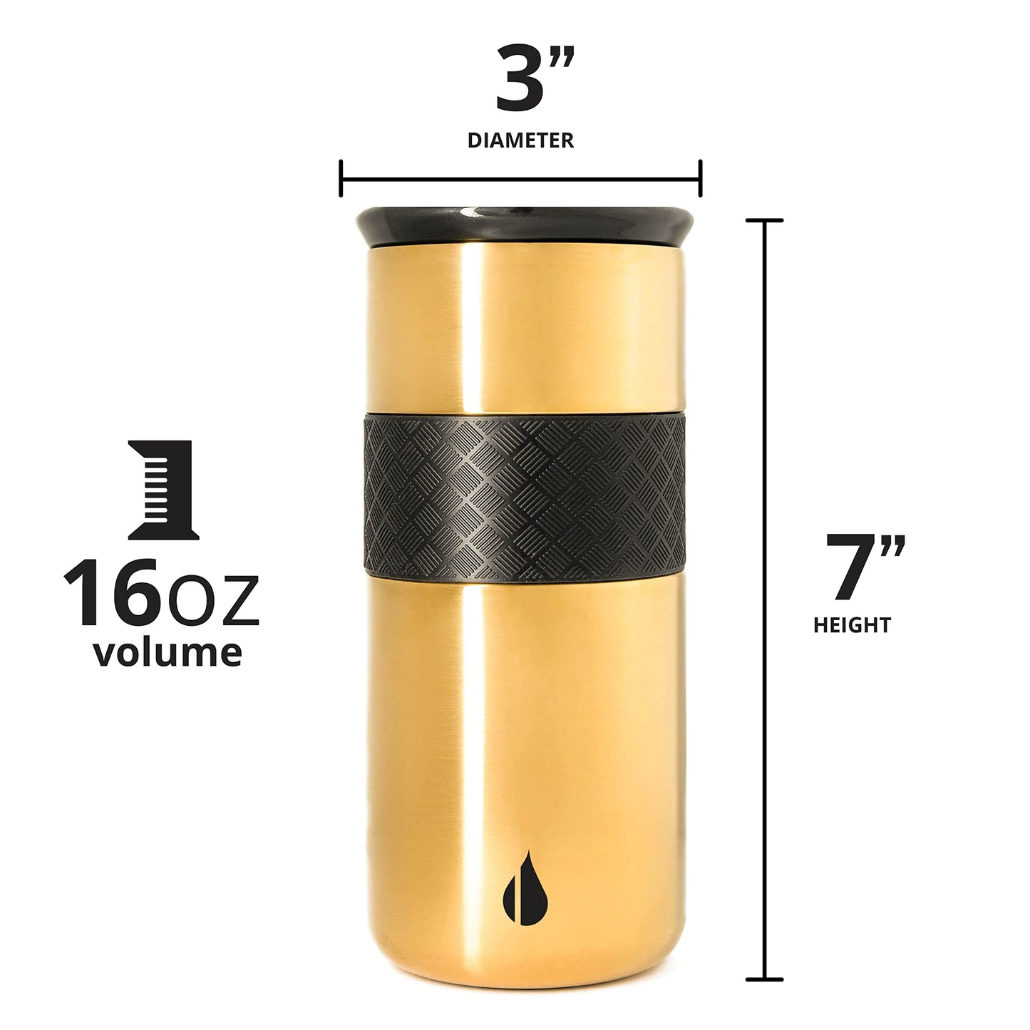 Elemental Artisan Insulated Tumbler, Triple Wall Coffee Travel Mug, Reusable Stainless Steel Coffee Tumbler with Ceramic Lid, Thermal Coffee Cups for Hot (6 Hrs) & Cold (18 Hrs), 16oz - Gold