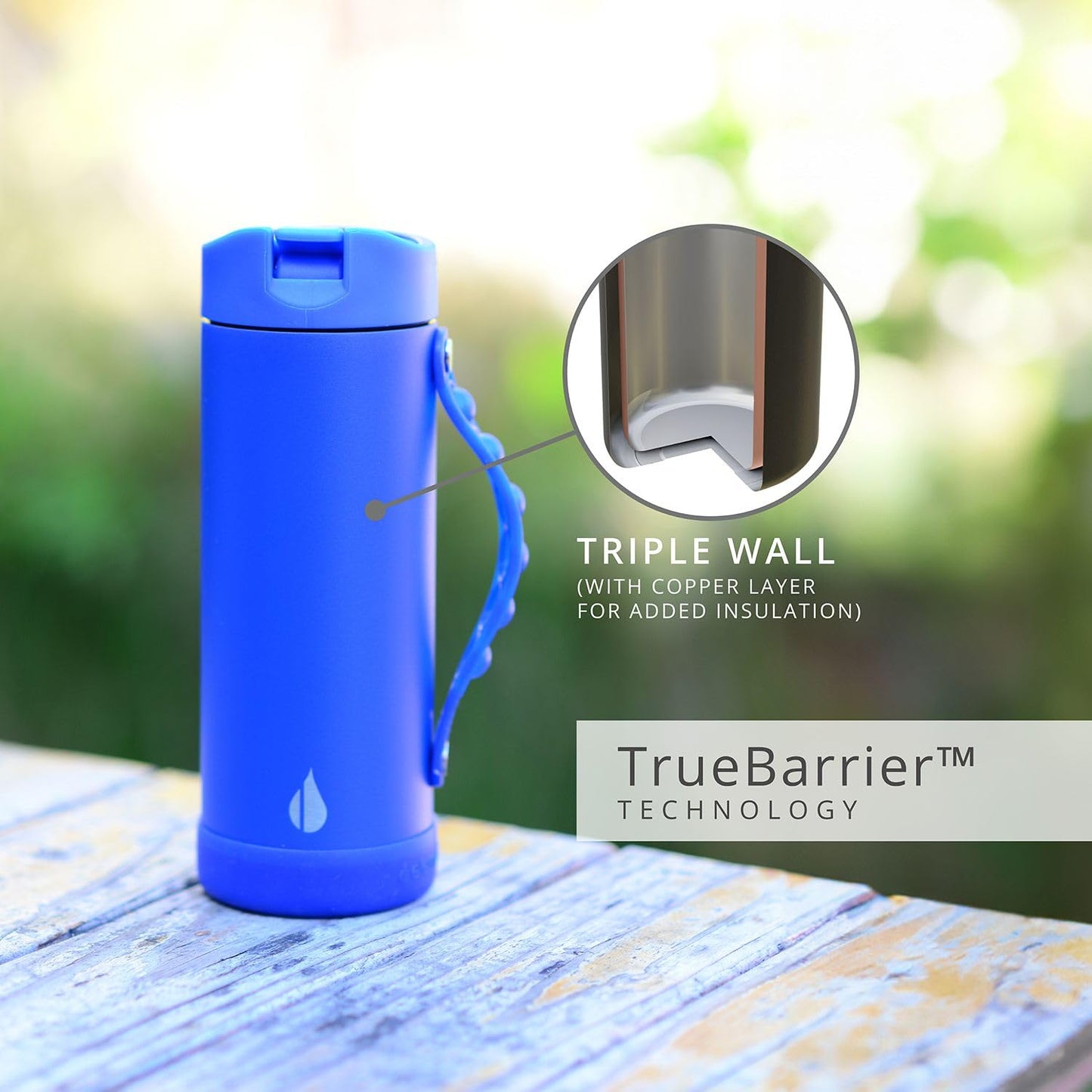 Elemental Iconic Kids Water Bottle with Straw Lid & Stress Reliever Pop It Handle, Leak-Proof When Closed, Triple Insulated Stainless Steel Reusable Thermos Water Bottle, 14oz - Royal Blue