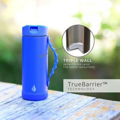 Elemental Iconic Kids Water Bottle with Straw Lid & Stress Reliever Pop It Handle, Leak-Proof When Closed, Triple Insulated Stainless Steel Reusable Thermos Water Bottle, 14oz - Royal Blue