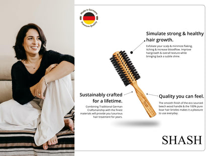 SHASH Boar Bristle Round Brush - Made In Germany | Volumize and Revitalize Your Hair with Softer, Smoother Results - Scalp Exfoliation and Stimulation - Eco-Sourced Olive Wood Handle