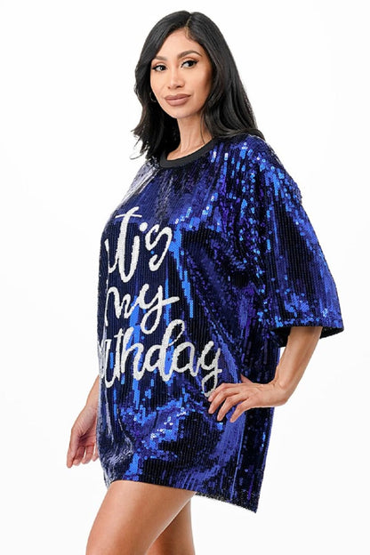 2Chique Boutique Women's Blue It's My Birthday Sequin T Shirt Dress One Size Regular