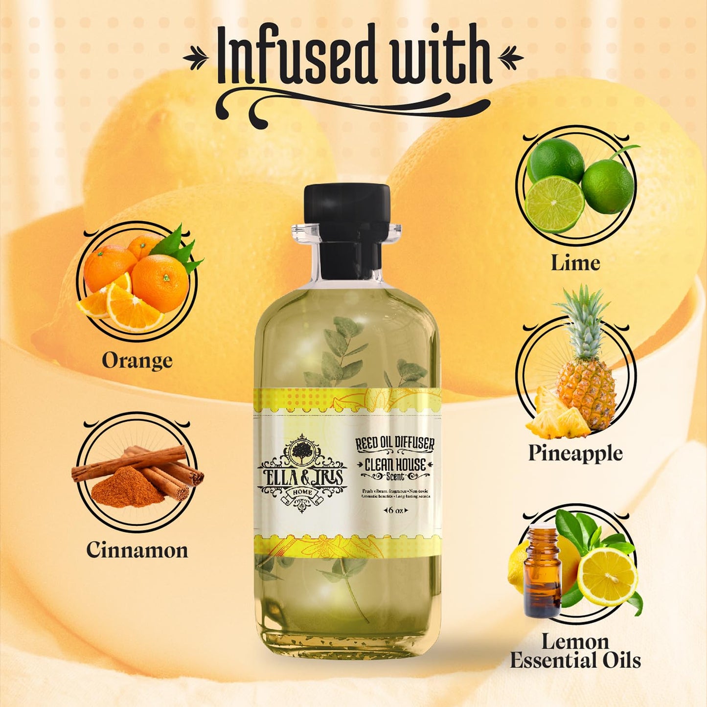 Ella & Iris Home Reed Diffuser Oil with Clean House Scent - Relaxing Citrus Oil Diffuser for Home & Room Fragrance - Aromatherapy Benefits & Non-Toxic - Home & Office Decor Gift (6oz)